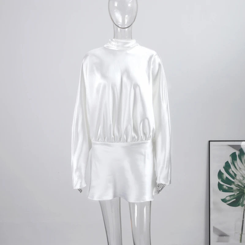 Satin Mini Dress  Scarf Collar Batwing Sleeve