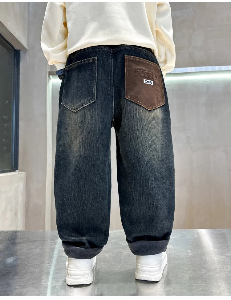 Retro Dark Blue Winter Warm Jeans  Thickened Insulated Denim Pants