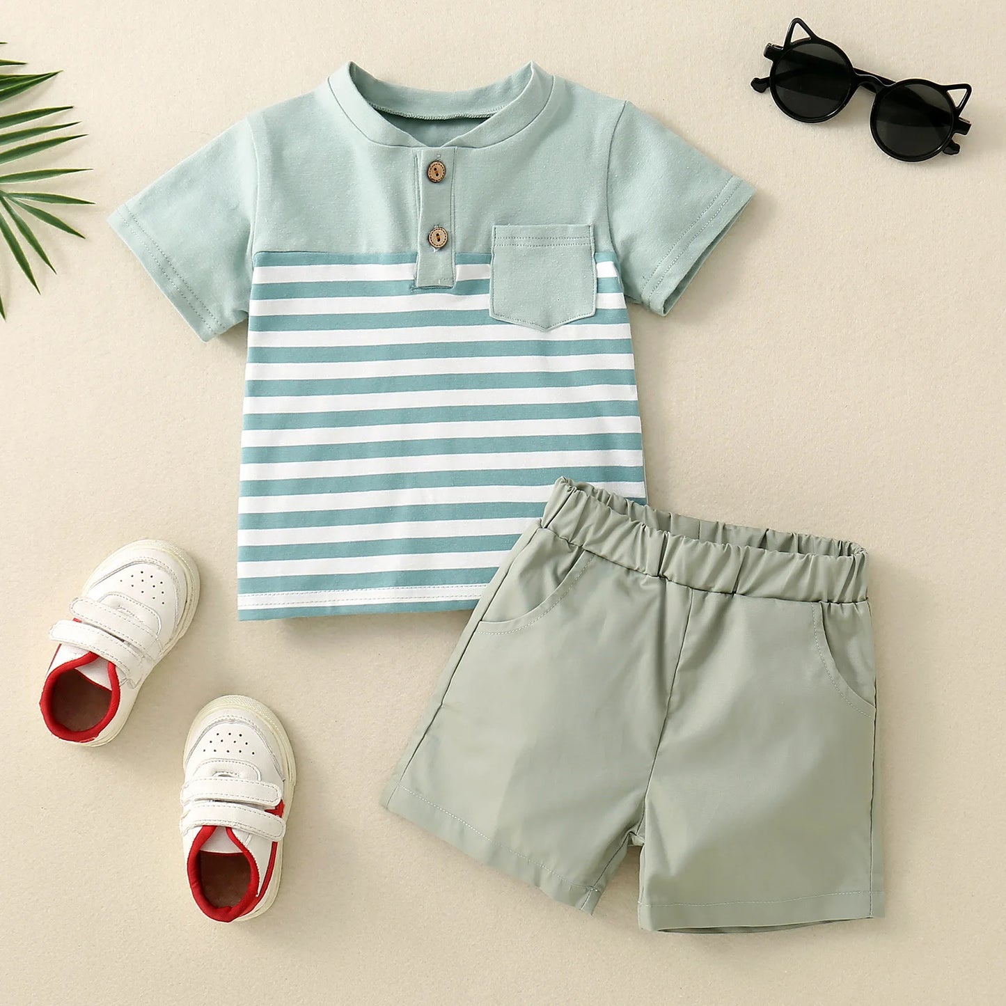 2PCS Spring and Summer Boy Short Sleeve Open Collar Spliced Shirt Decorative Drawstring Shorts Skin Friendly Cotton Shirt