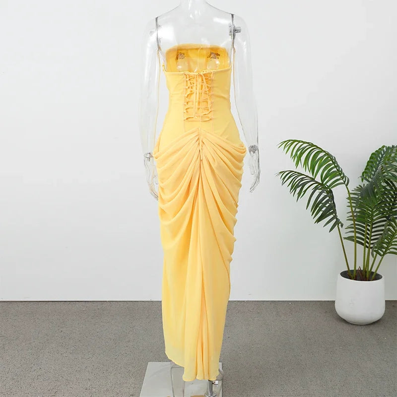 Solid Pleated Strapless Women's Dress Backless Off-shoulder