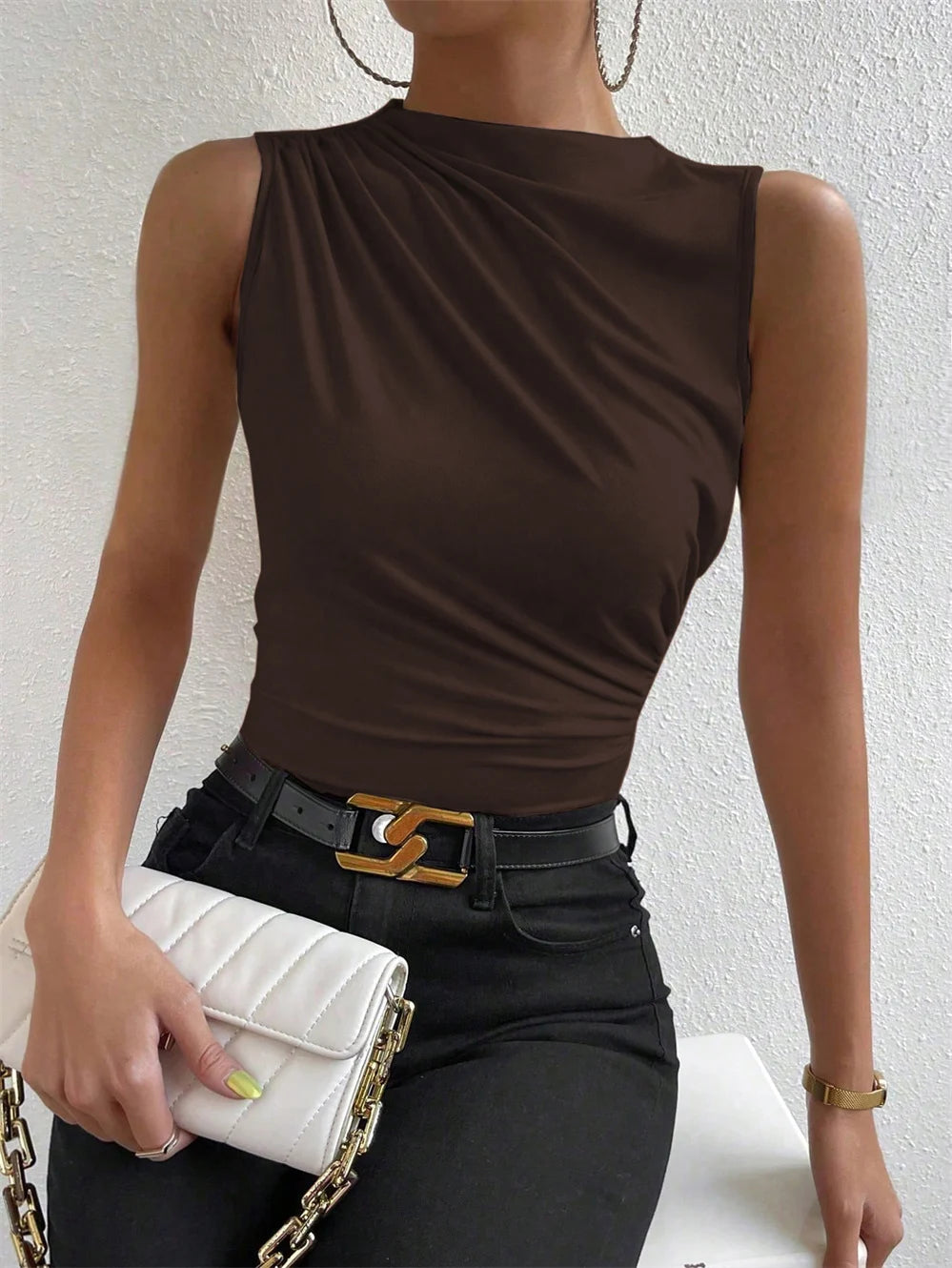 Mock Neck Ruched Tank Top for Women Summer 2024 Solid Color Pleated Sleeveless Tee Shirt Tshirt Streetwear Y2K