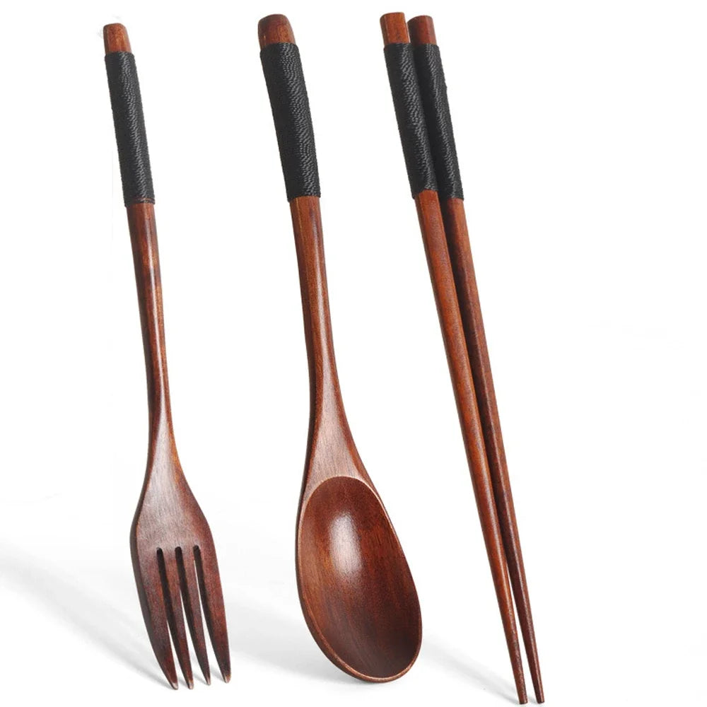 3 Pieces Tableware Natural Wood Dinnerware Spoon Chopsticks