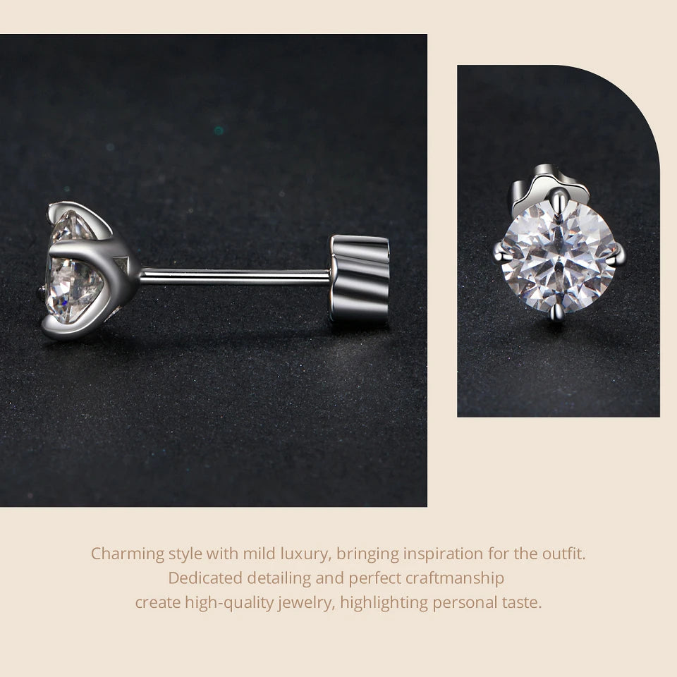 Classic Moissanite Earrings, 925 Silver Brilliant 4 Prongs Round Cut