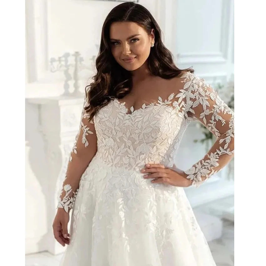 Long Sleeves Civil Wedding Dresse Countryside A line Lace Appliques Short Train Simple Boho Bride Dress W1135