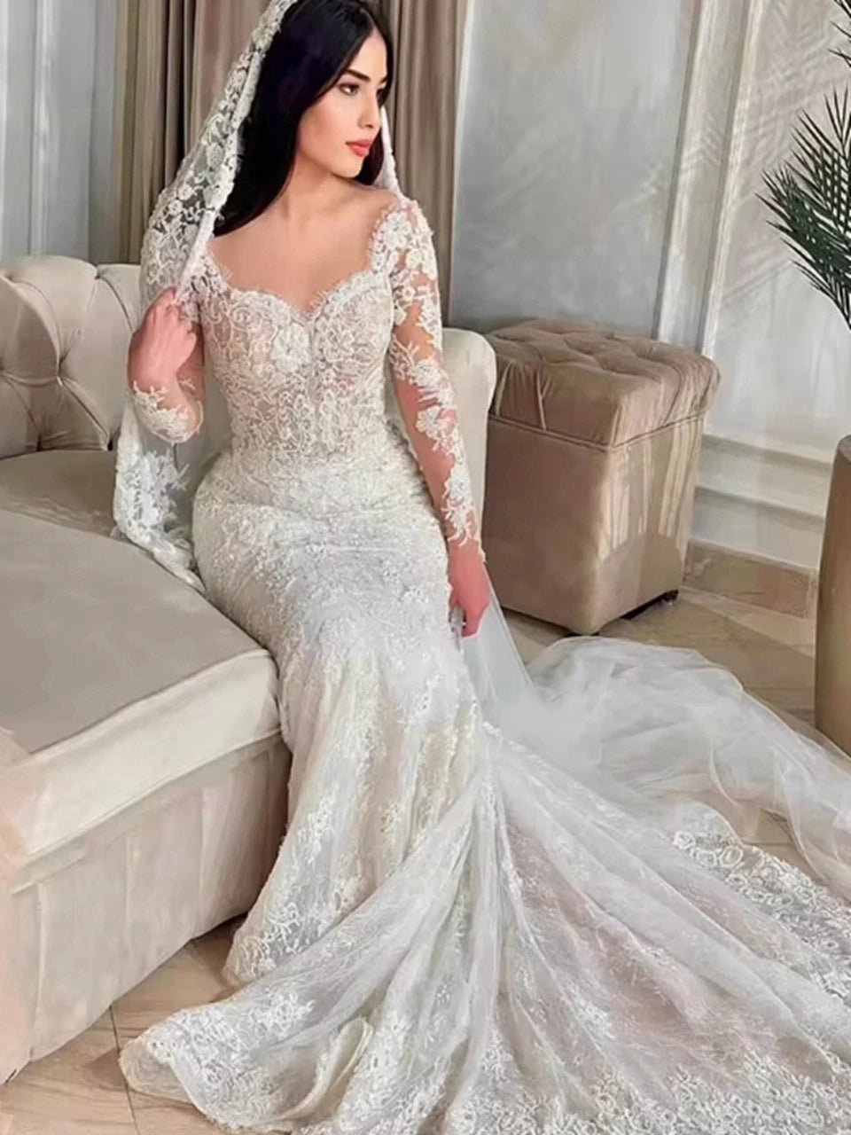 Mermaid Wedding Dresses Lace Appliques Full Sleeves