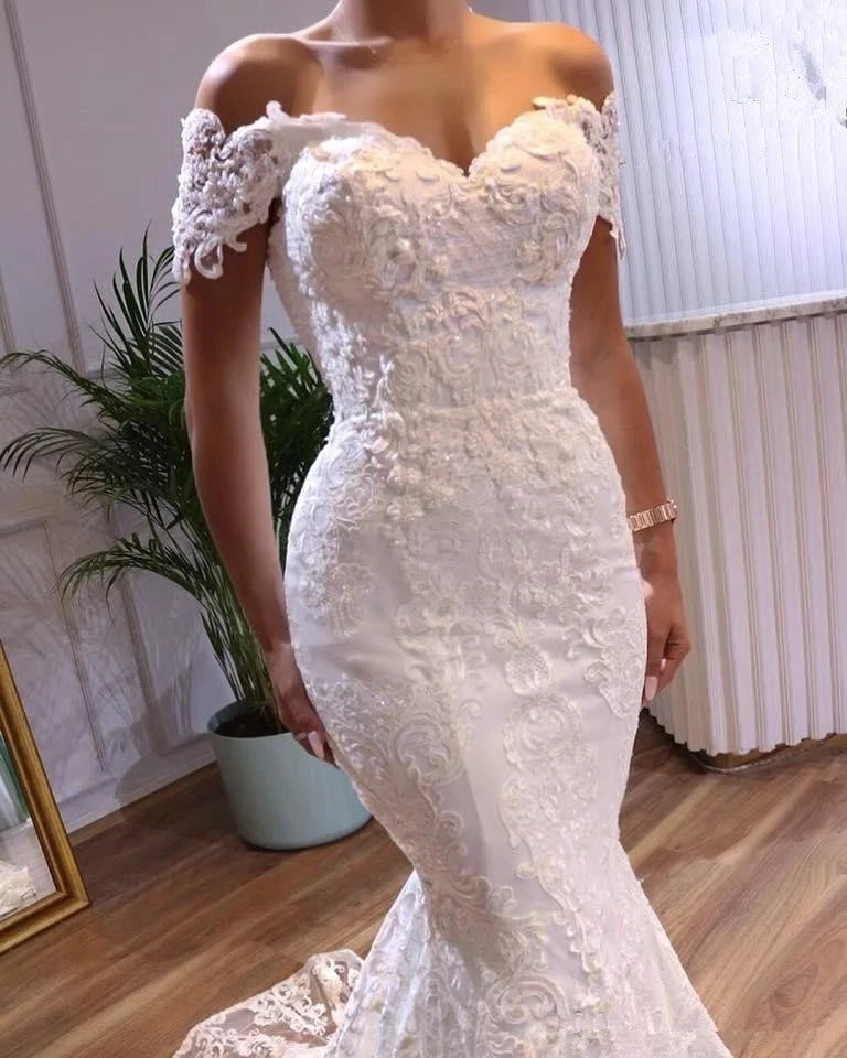Off The Shoulder  Wedding Dresse Sweetheart Lace Appliques Tulle Formal Bridal Gown