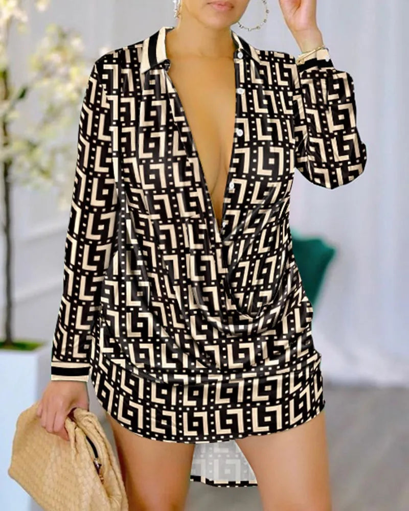 Spring Summer Sexy Deep V Neck Shirt Dress Office Lady Casual Loose Long Sleeve Letter Print Mini Dresses For Women 2023