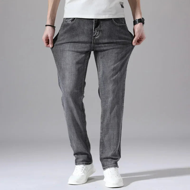 Men's Thin Denim Jeans Cotton Stretch Grey