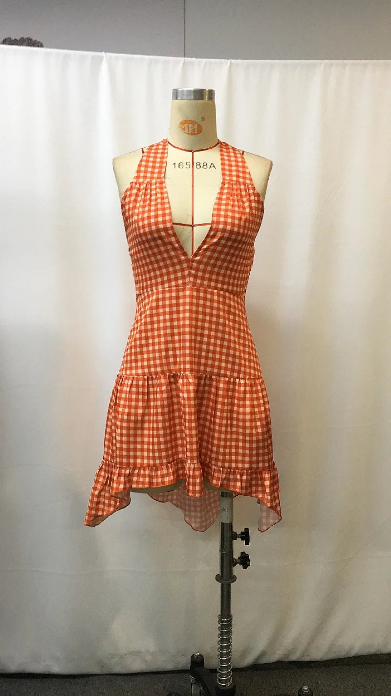 Sexy Retro Western Cowboy Plaid Halter Mini Dress Deep V-Neck Ruffle Asymmetric Hem Casual Beach Picnic Party Festival