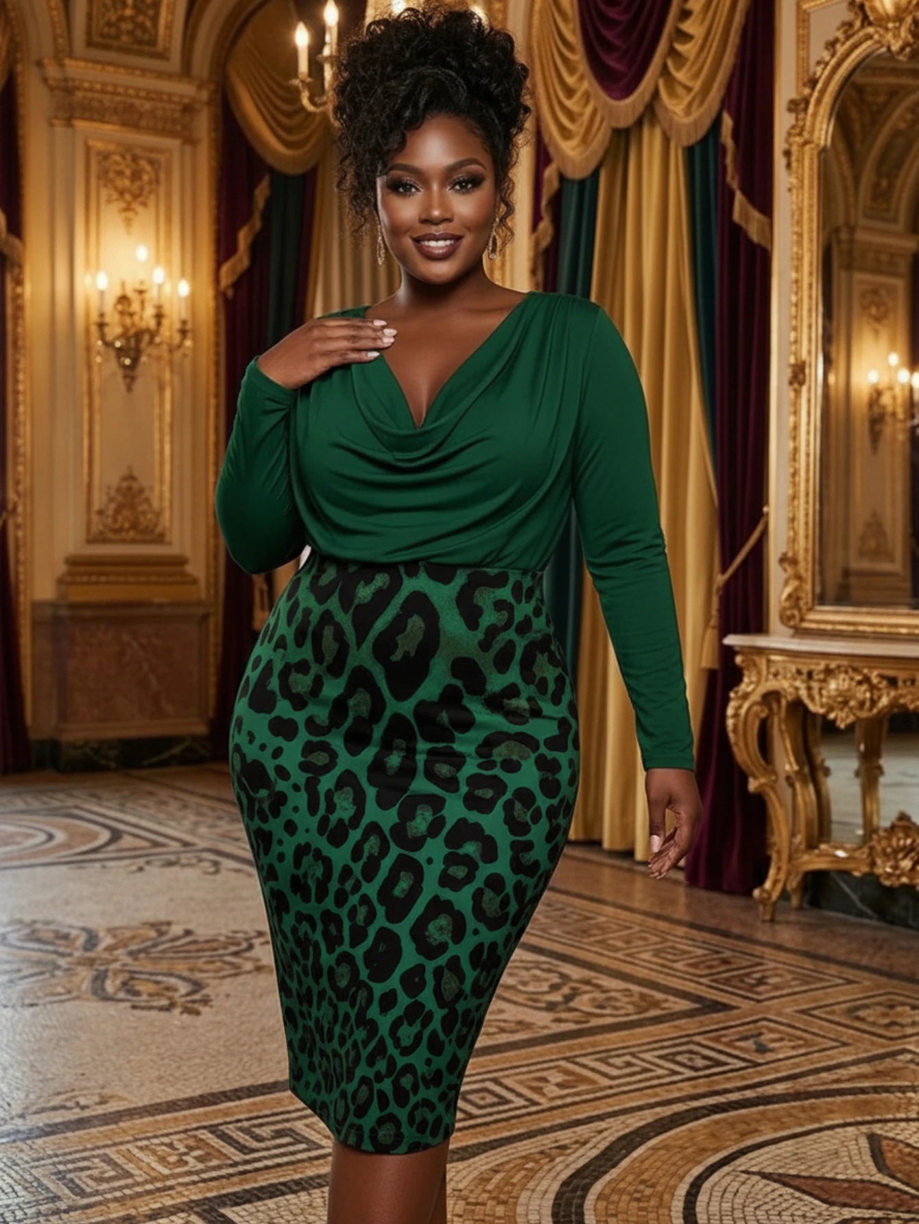 Women Long Sleeve Cowl Neck Leopard Print Midi Dress Elegant Bodycon Pencil Dress For Evening Party Formal Occasion Slim Fit