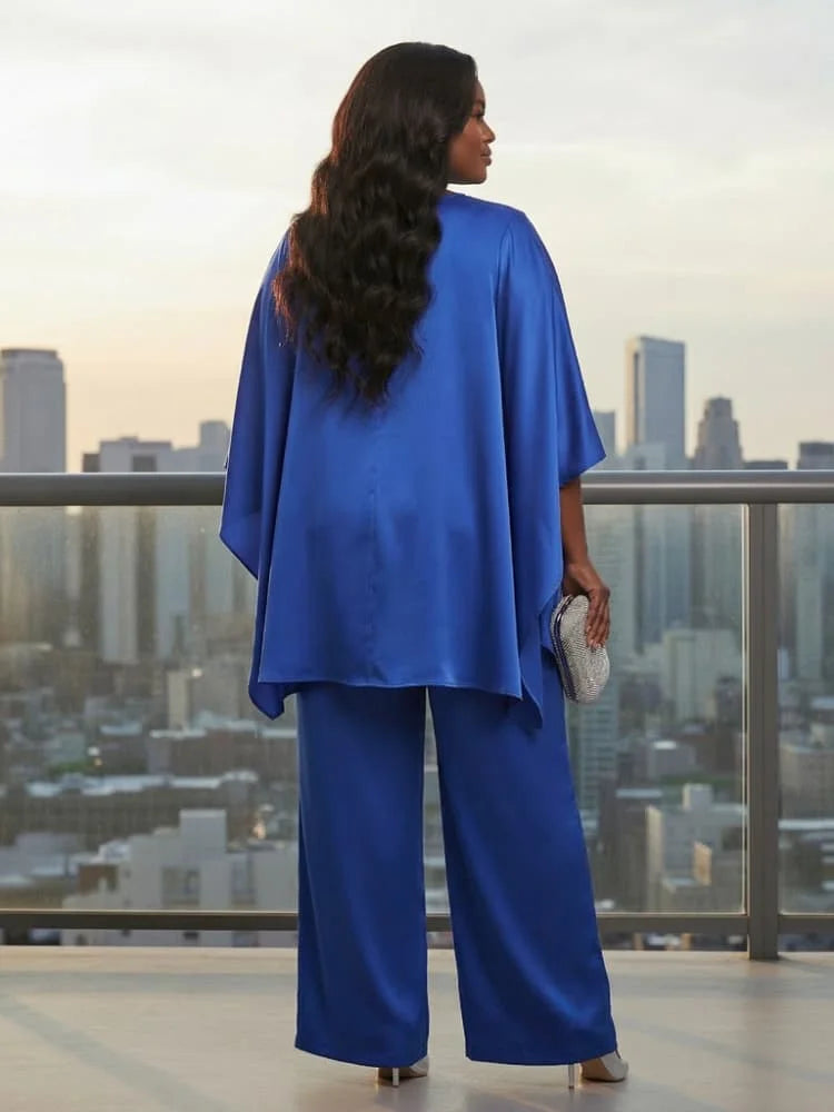 Plus Size Round Neck Cape Sleeve Top + Wide Leg Pants Suit For Women Formal Banquet Evening Party Two Piece Matching Outfit