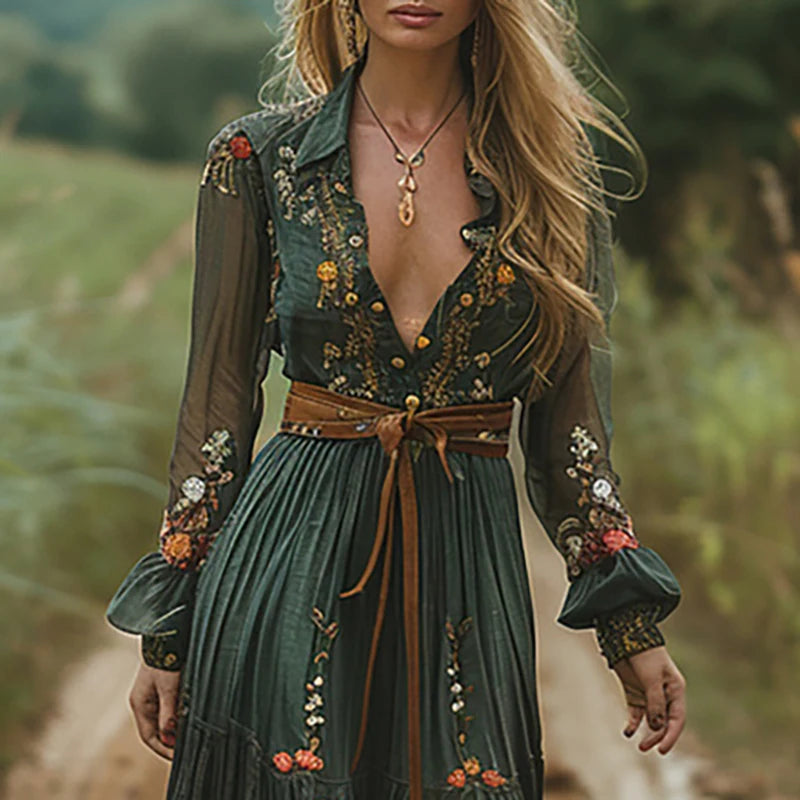 Floral Print Pleated Long Maxi Dress