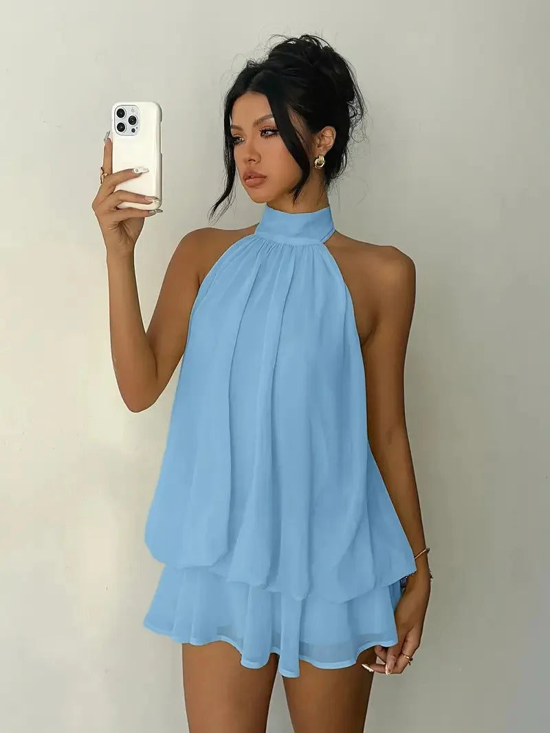 Halter Neck Backless Tie Mini Dress
