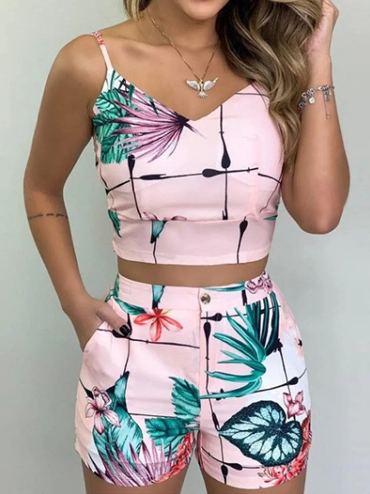 Two Piece Set Sleeveless Floral Vest Shirts + Shorts