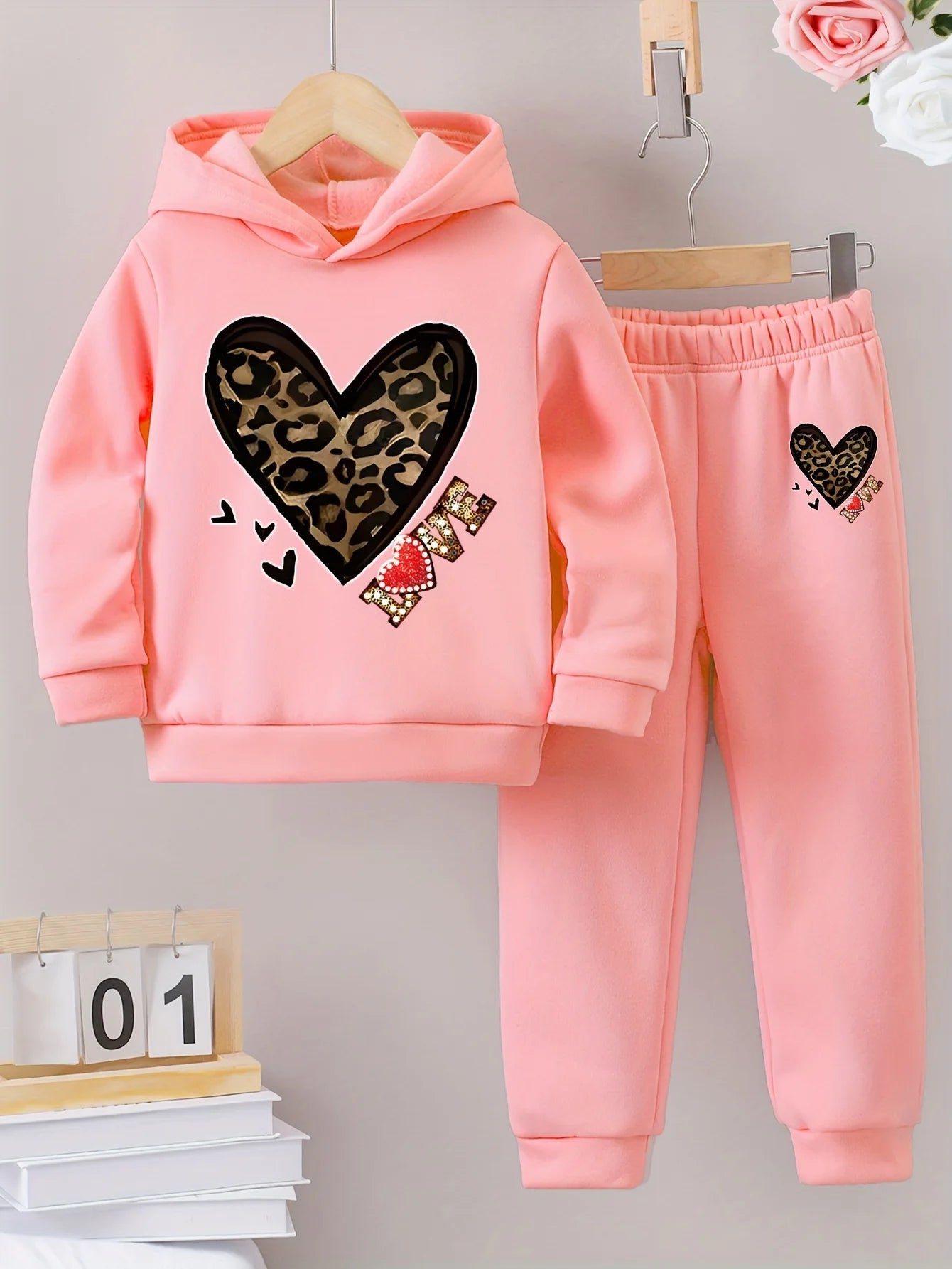 2sets  girls printed with fleece warm lined hoodie and tracksuit pants