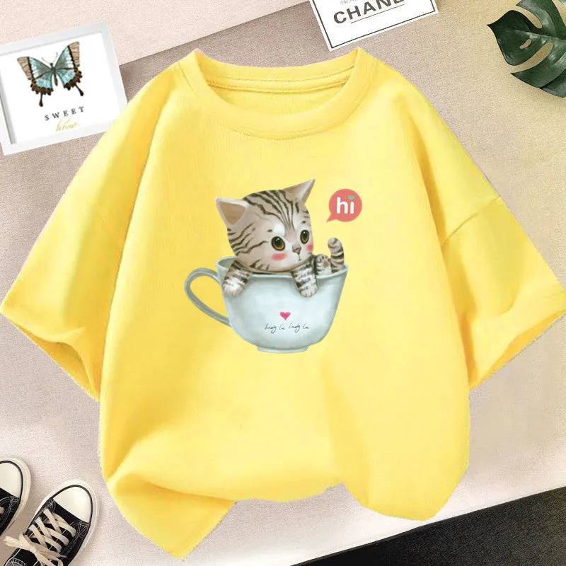 Cat Girls T Shirt Clothes Girls Animal Children T-Shirt Kids Summer Cat Lively Cute Funny Baby T Shirts Tops 2023