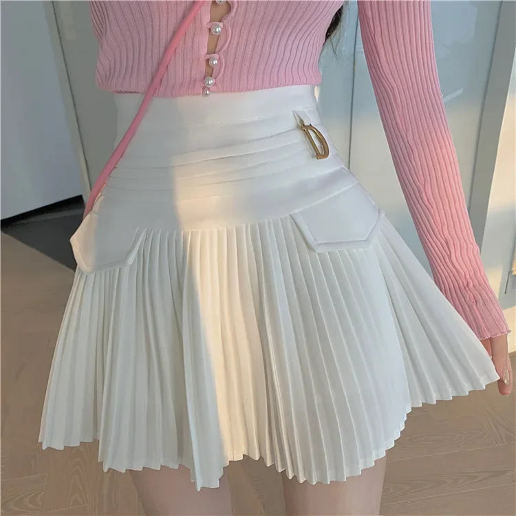 White Pleated Skirts High Waist Mini Metal Letter D A-Line