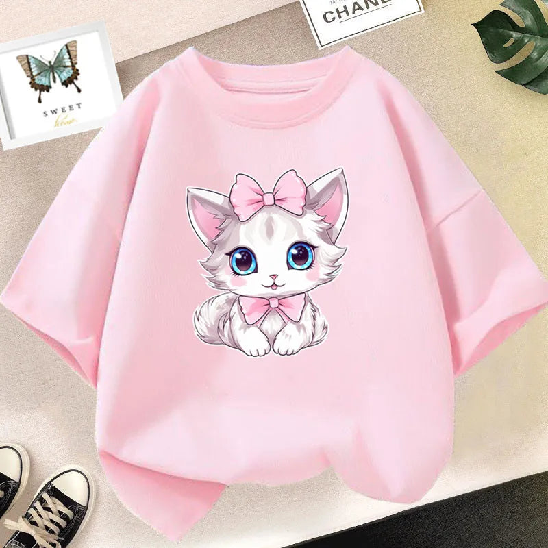 Cat Girls T Shirt Clothes Girls Animal Children T-Shirt Kids Summer Cat Lively Cute Funny Baby T Shirts Tops 2023