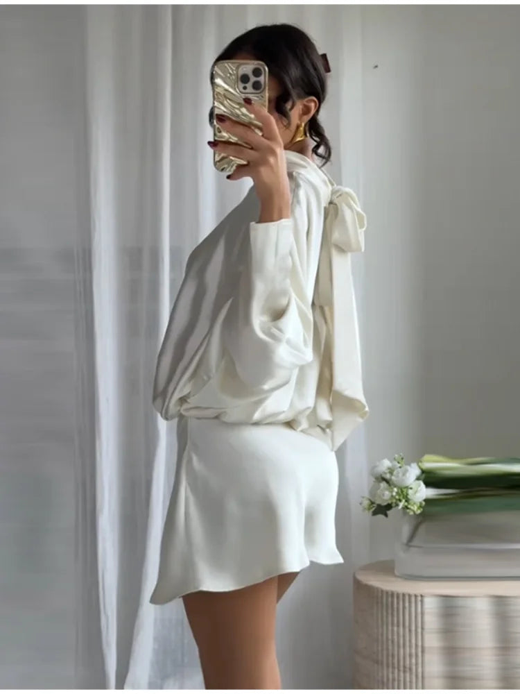 Satin Mini Dress  Scarf Collar Batwing Sleeve