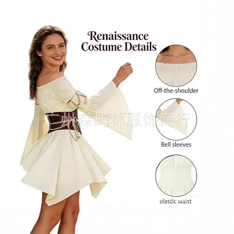 Women's Dress Suit Halloween Renaissance Medieval Pirate Dress Off-the-Shoulder Flared-Sleeve