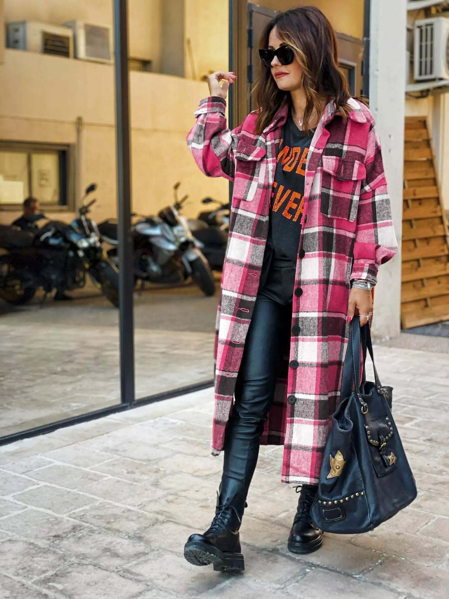 Women Coat Plaid Print Long Maxi Button Coats