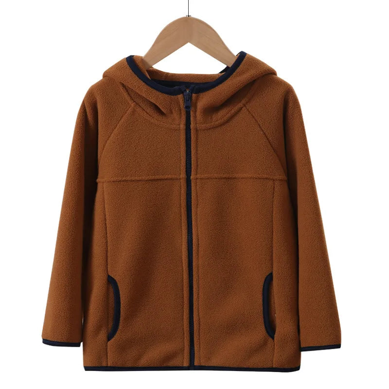 Children's Fleece Jacket Autumn Winter Casual Warm Teen Boys Girls Hooded Outerwear Anti-Static Windproof Cozy Kids Tops Clothes