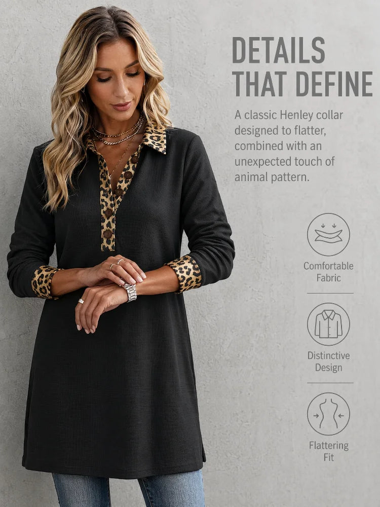 Lady's Commuting Leopard Embroidered Plaid Knit Top Dress - Lady's Henry Collar Long-Sleeved Side-Opening Cotton Blended Casual Straight-Tee Shirt Dress