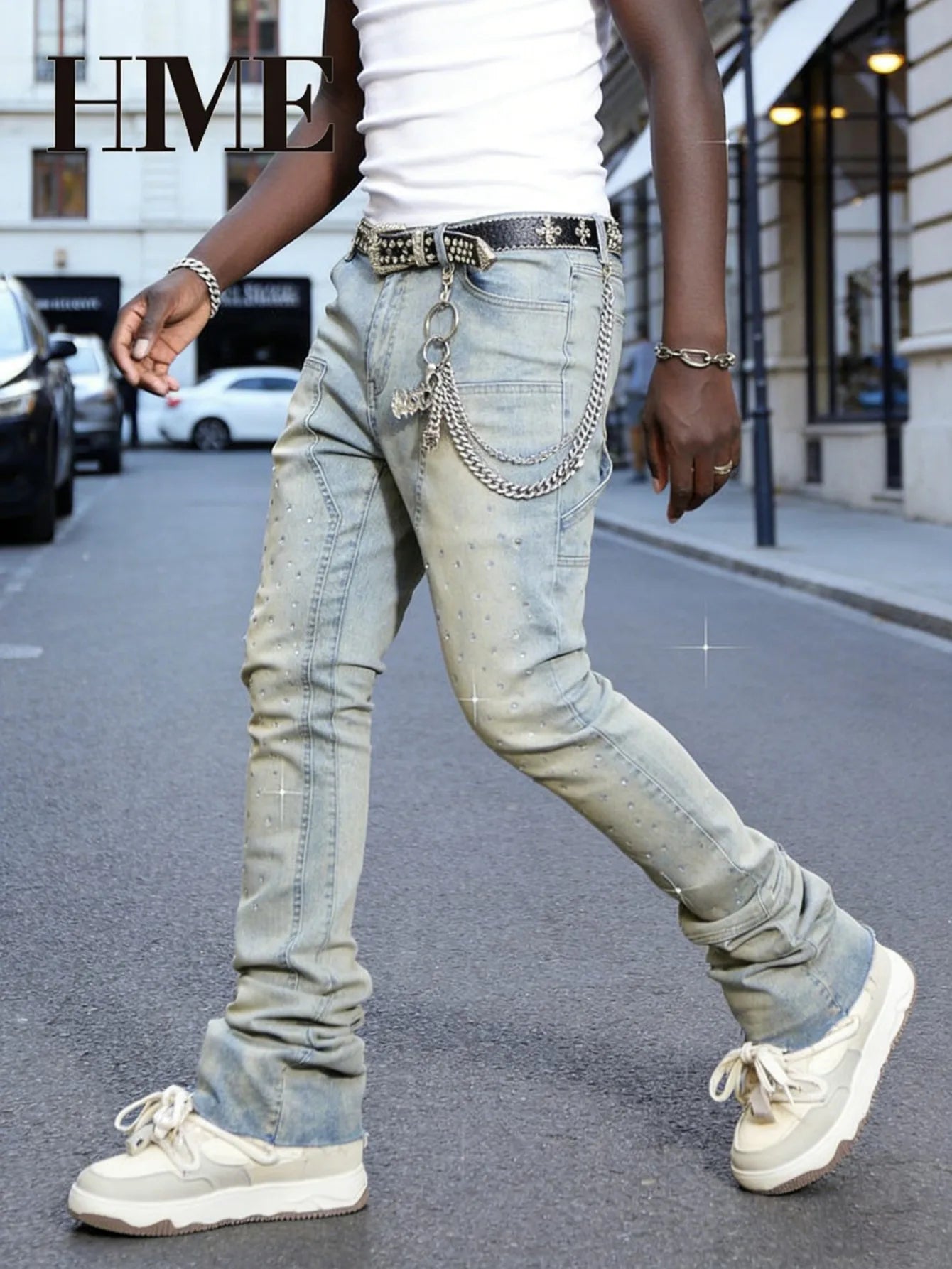 【HME】Men's jeans | Rhinestone Embellished Stacked Flare Denim pants for men, light vintage washed denim trousers with full‑body hot‑fix rhinestones, contrast stitching, multi‑pocket construction fashion streetwear m