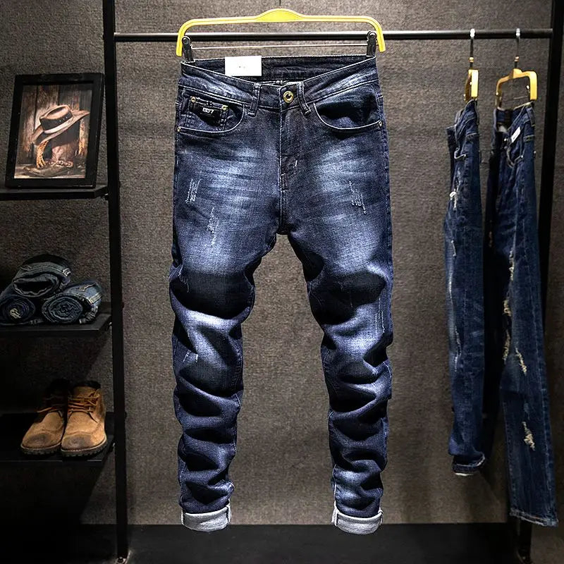 Elastic Straight Jeans Men Ripped Worn-out Slim-fit