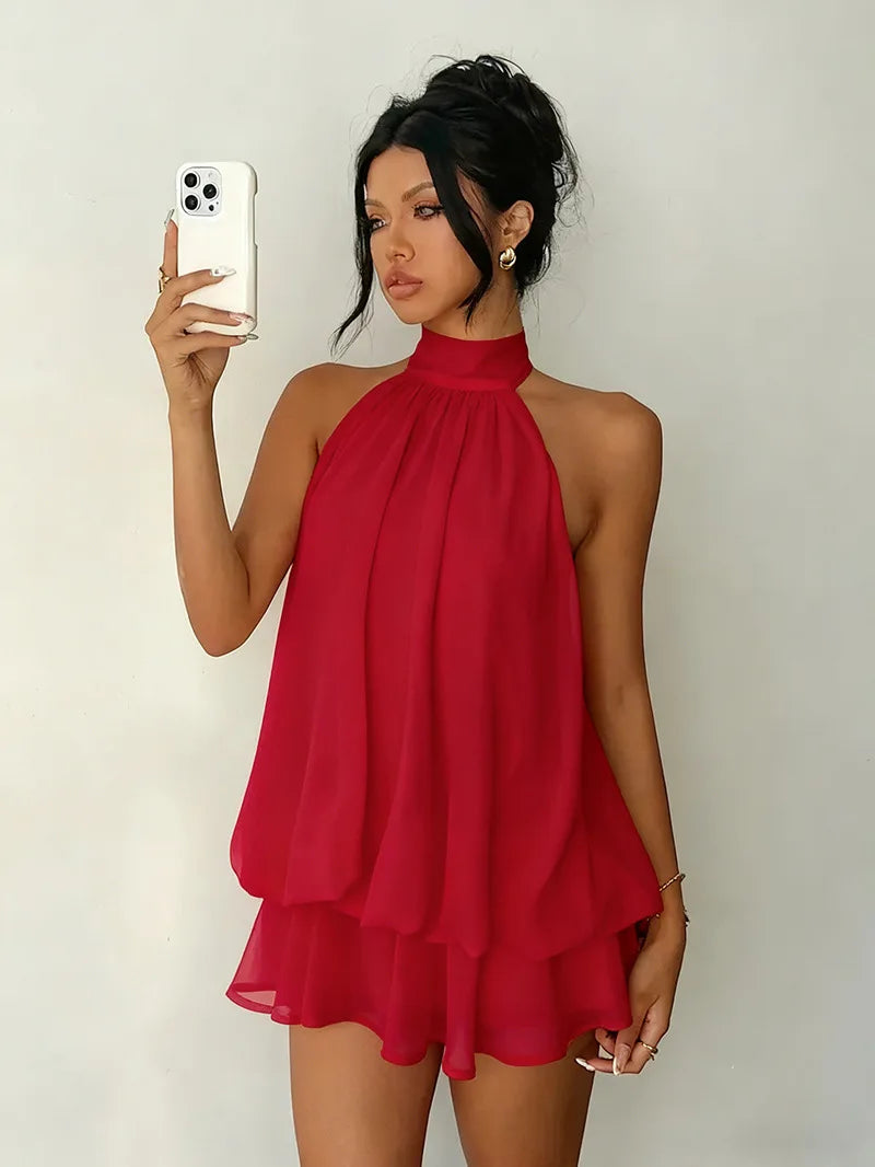 Halter Neck Backless Tie Mini Dress