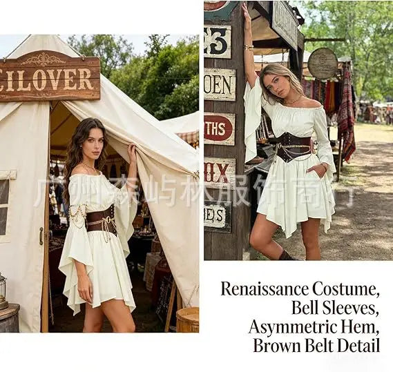 Women's Dress Suit Halloween Renaissance Medieval Pirate Dress Off-the-Shoulder Flared-Sleeve