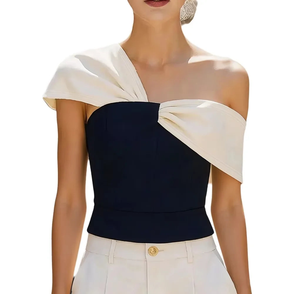 One Shoulder Twisted Color Block Navy White Slim Fit Crop Blouse, Tube Top For Party & Daily Women