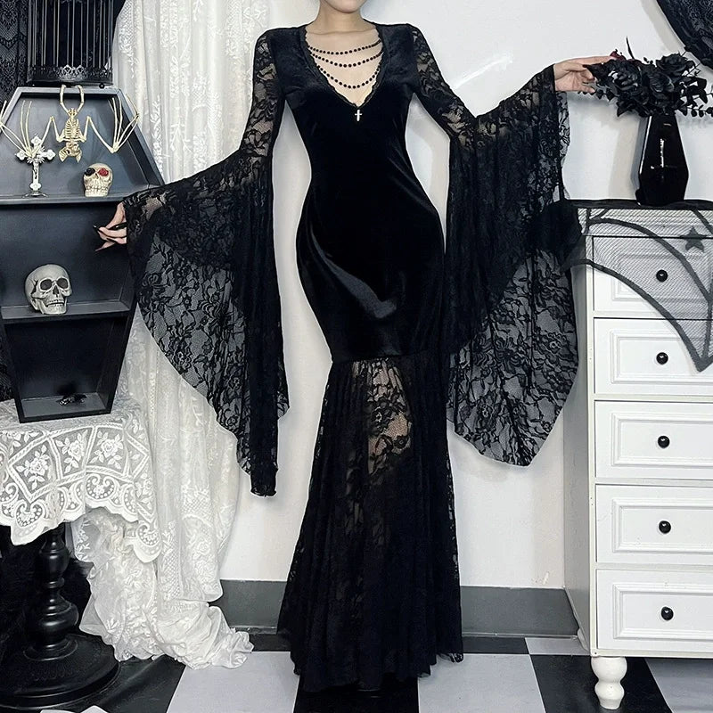 Halloween Costume Women Batwing Sleeve Floor Dress Black Gothic Evil Terror