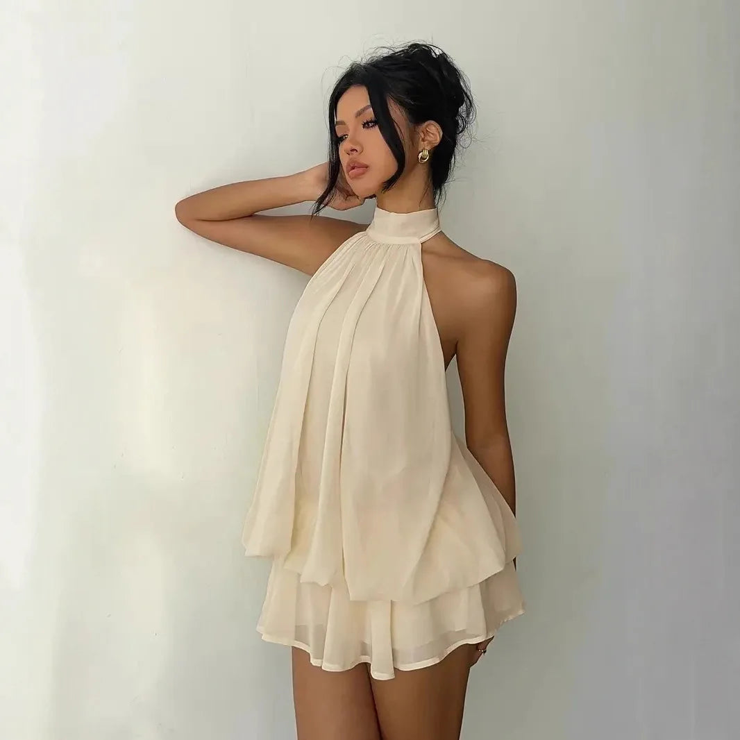 Halter Neck Backless Tie Mini Dress