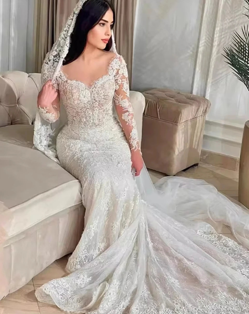 Mermaid Wedding Dresses Lace Appliques Full Sleeves