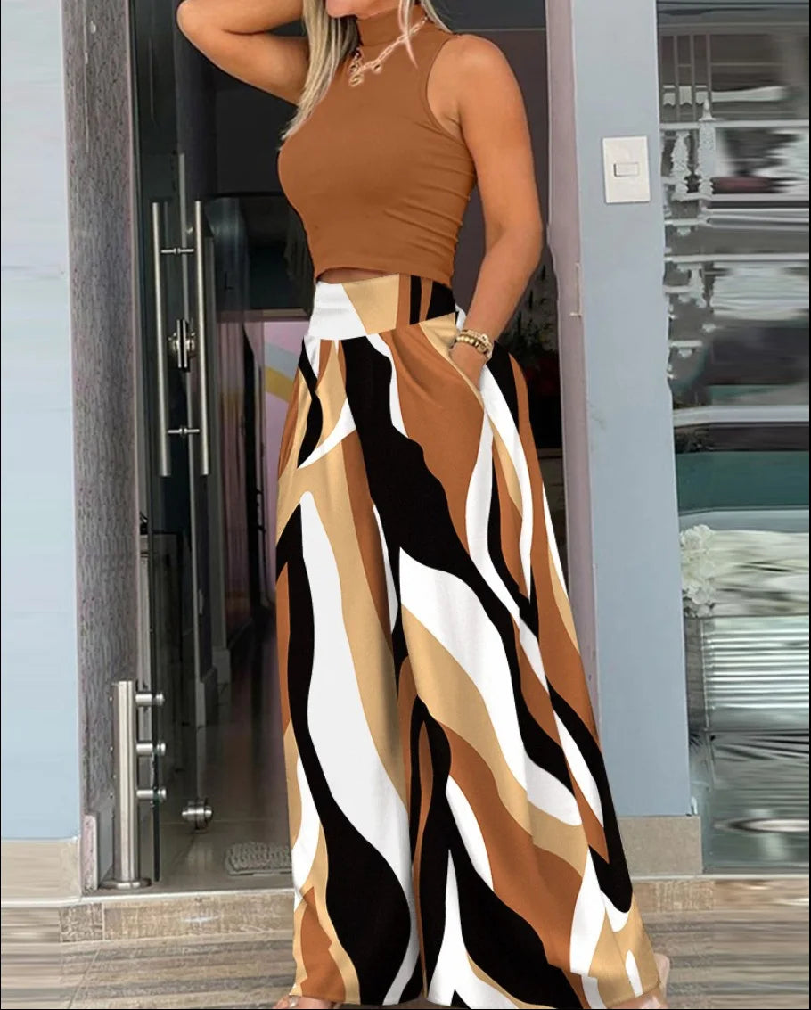 Print Two-piece Set, Smooth Sleeveless T-shirt, Wide Leg Pants