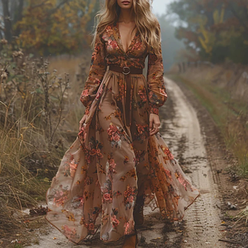 Floral Print Pleated Long Maxi Dress