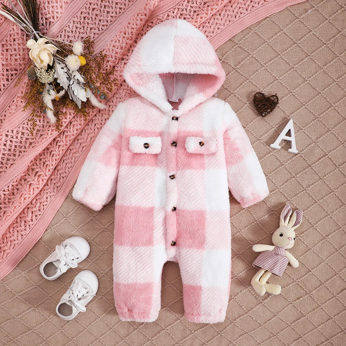 0-24 Months Baby Girl Plush Hooded Color Blocked Checkered Long Sleeved Jumpsuit Cute Baby Girl Winter Warm Crawling Suit