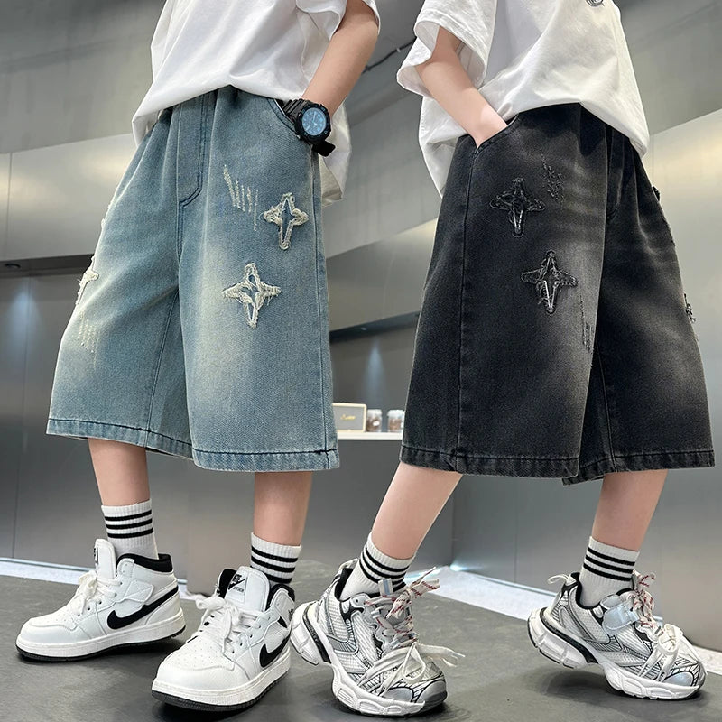 Boys Denim Shorts with Star Pattern
