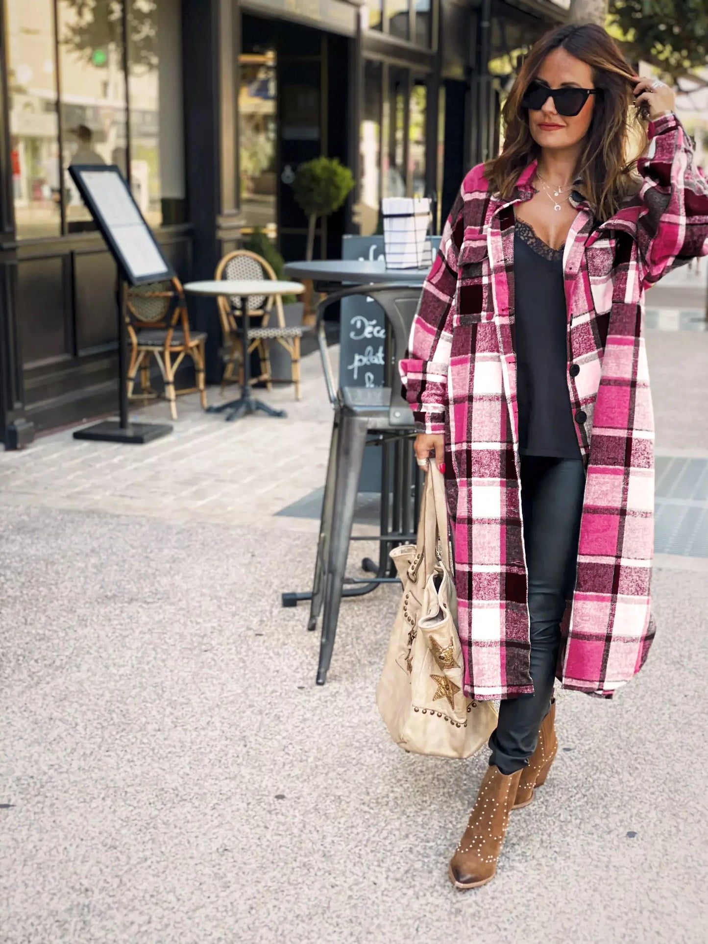 Women Coat Plaid Print Long Maxi Button Coats