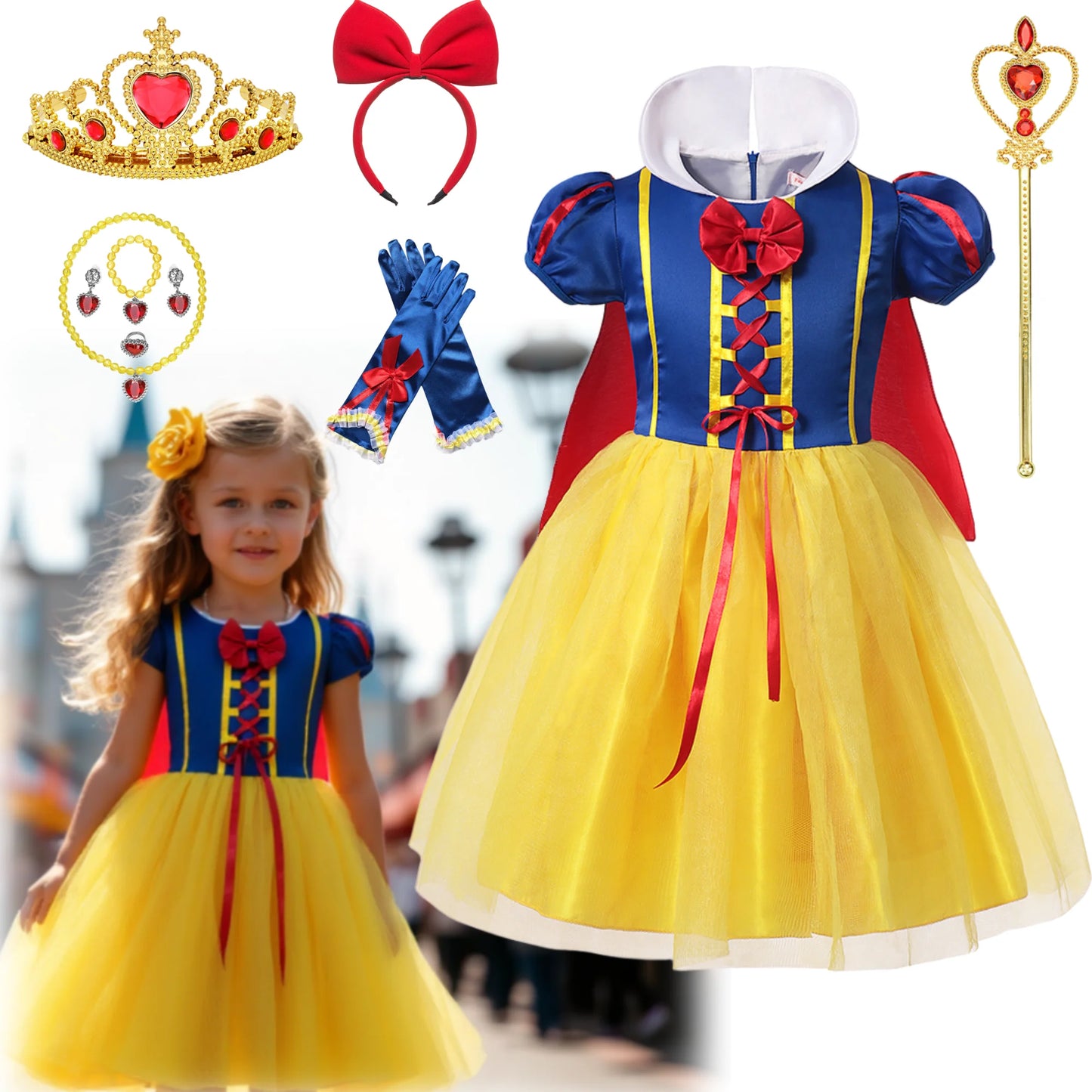 Snow White Princess Dress Girls Halloween Party Costume Role Play Outfit for Toddler Kid Children Cartoon Fancy Cosplay Clothing