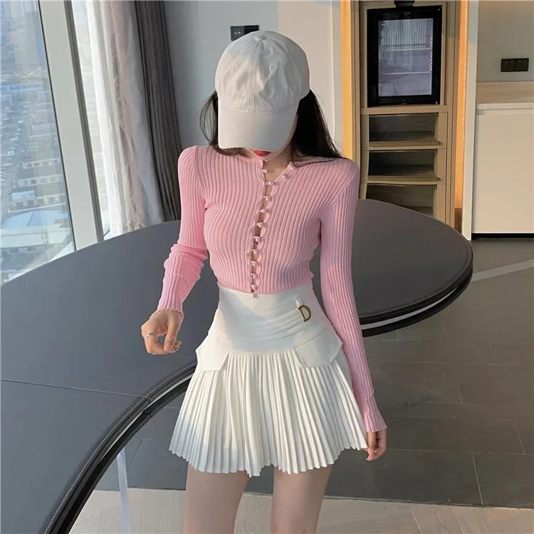 White Pleated Skirts High Waist Mini Metal Letter D A-Line