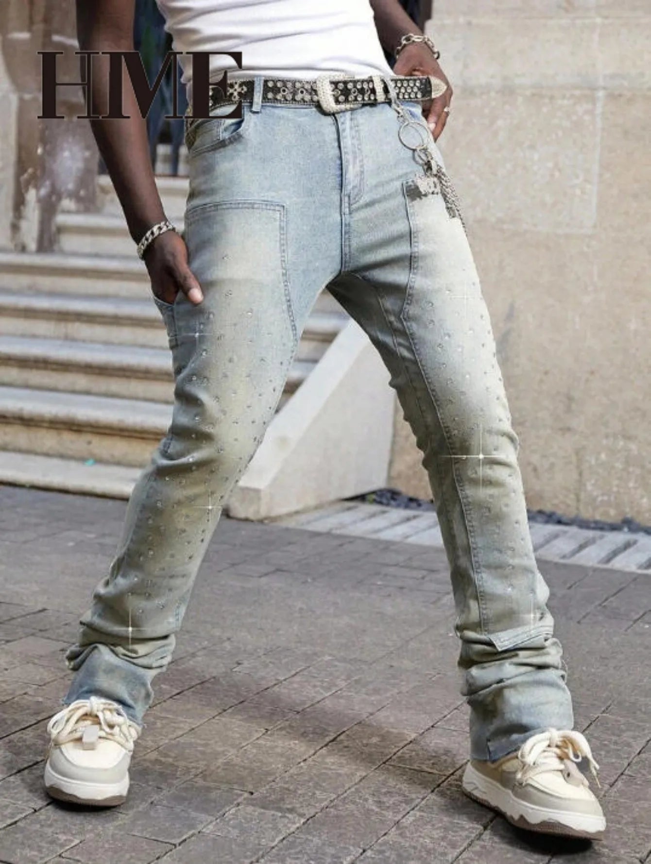 【HME】Men's jeans | Rhinestone Embellished Stacked Flare Denim pants for men, light vintage washed denim trousers with full‑body hot‑fix rhinestones, contrast stitching, multi‑pocket construction fashion streetwear m