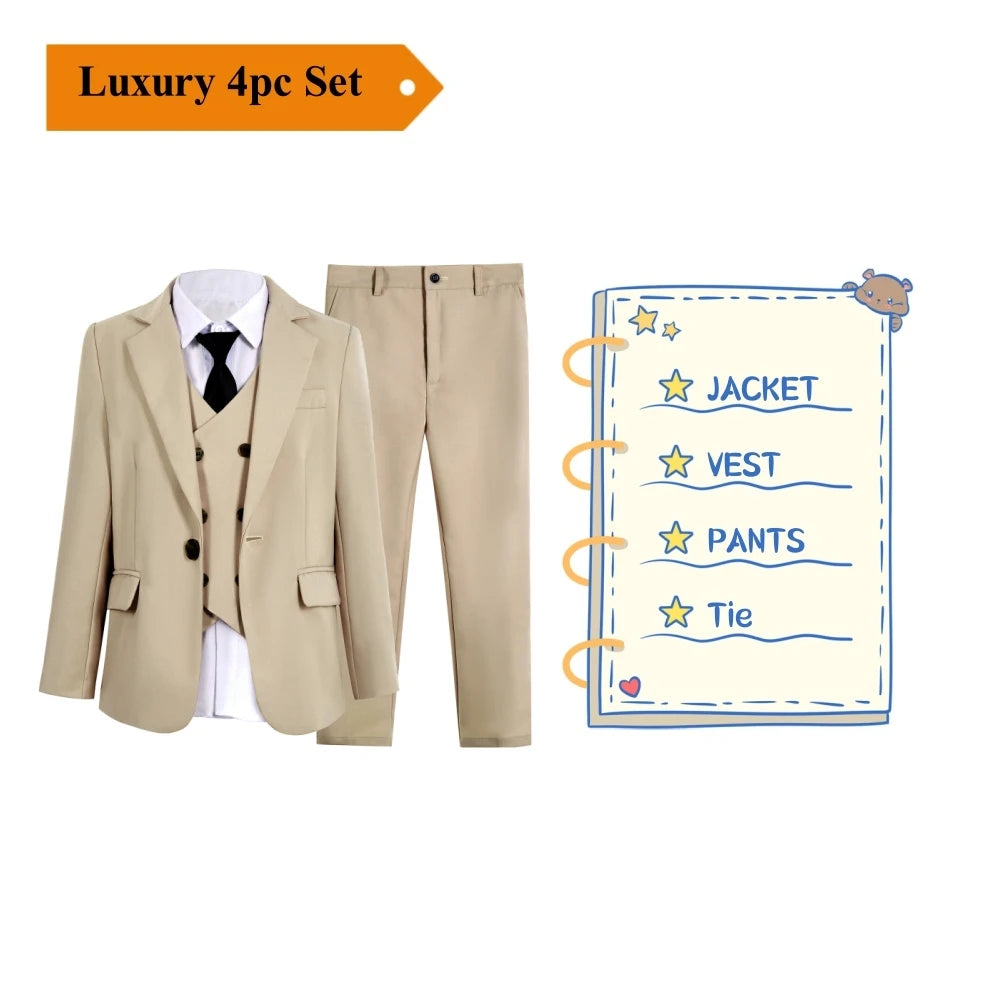 Beige Boy's Formal Suit Set, 4 Pieces Regular Fit Kids Smart Prom Suits, Jacket Vest Pants Tie Classy Solid Tuxedo For Wedding
