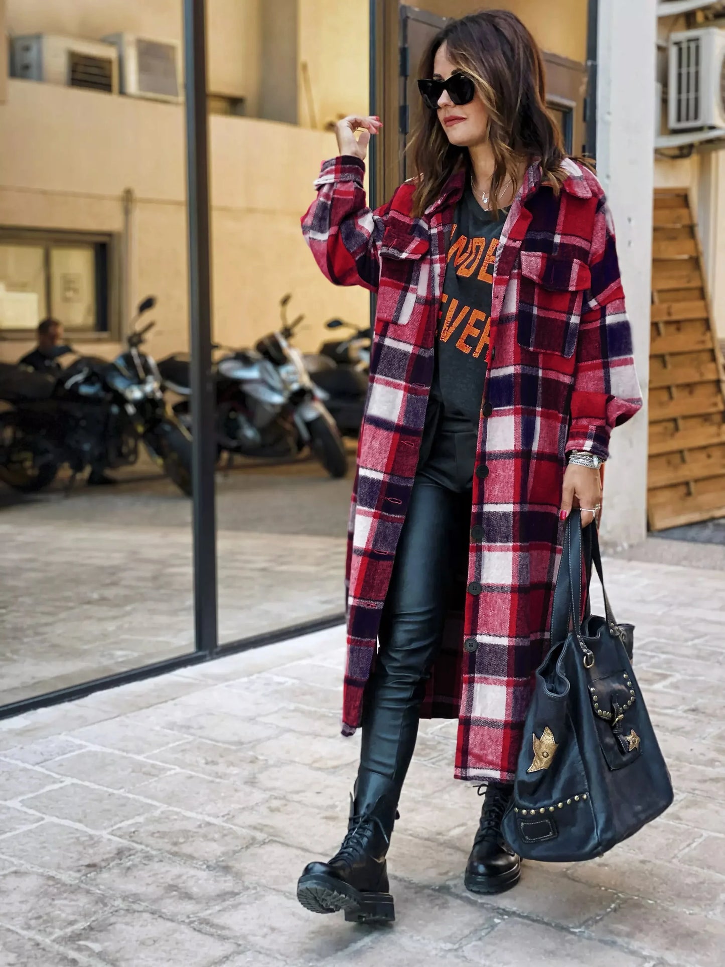 Women Coat Plaid Print Long Maxi Button Coats