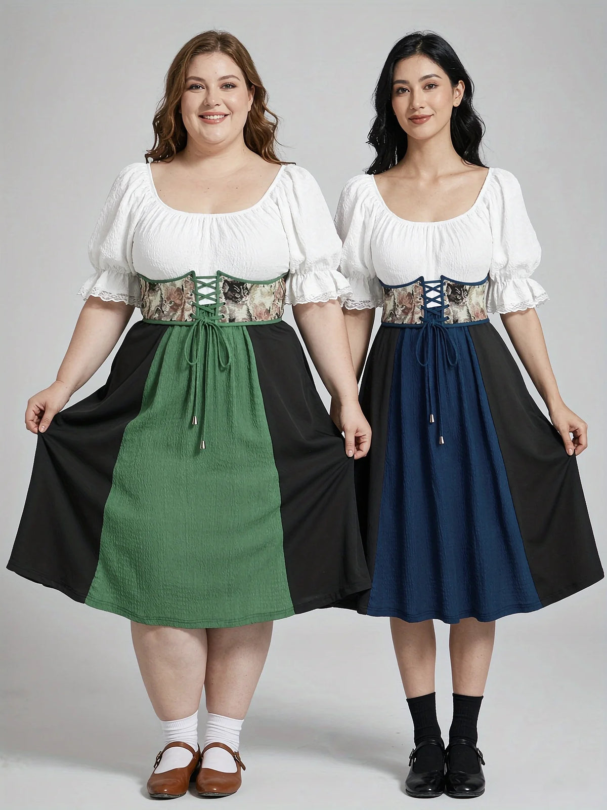 Plus Size Medieval Renaissance Dress Lace-up Corset Grommets Ruffles Lace Trim Dress Victorian Halloween Cosplay Costume