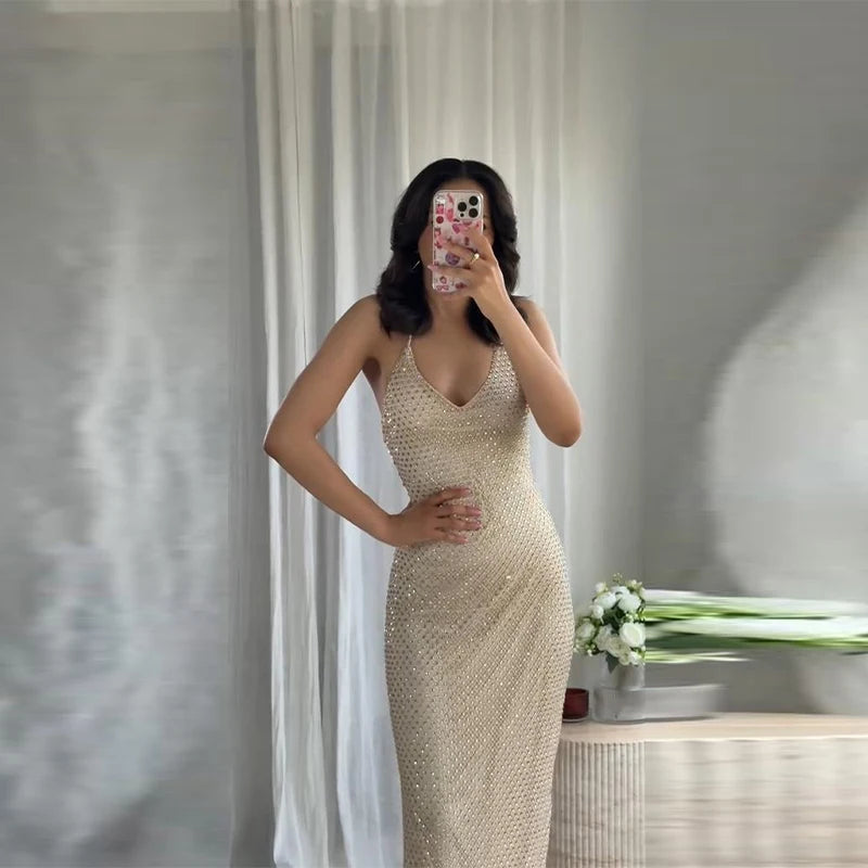 Diamond Halter Backless V Neck Dress