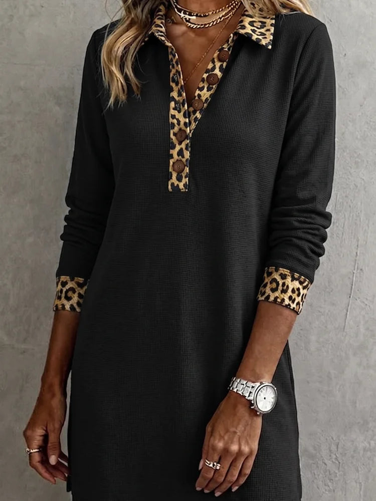 Lady's Commuting Leopard Embroidered Plaid Knit Top Dress - Lady's Henry Collar Long-Sleeved Side-Opening Cotton Blended Casual Straight-Tee Shirt Dress