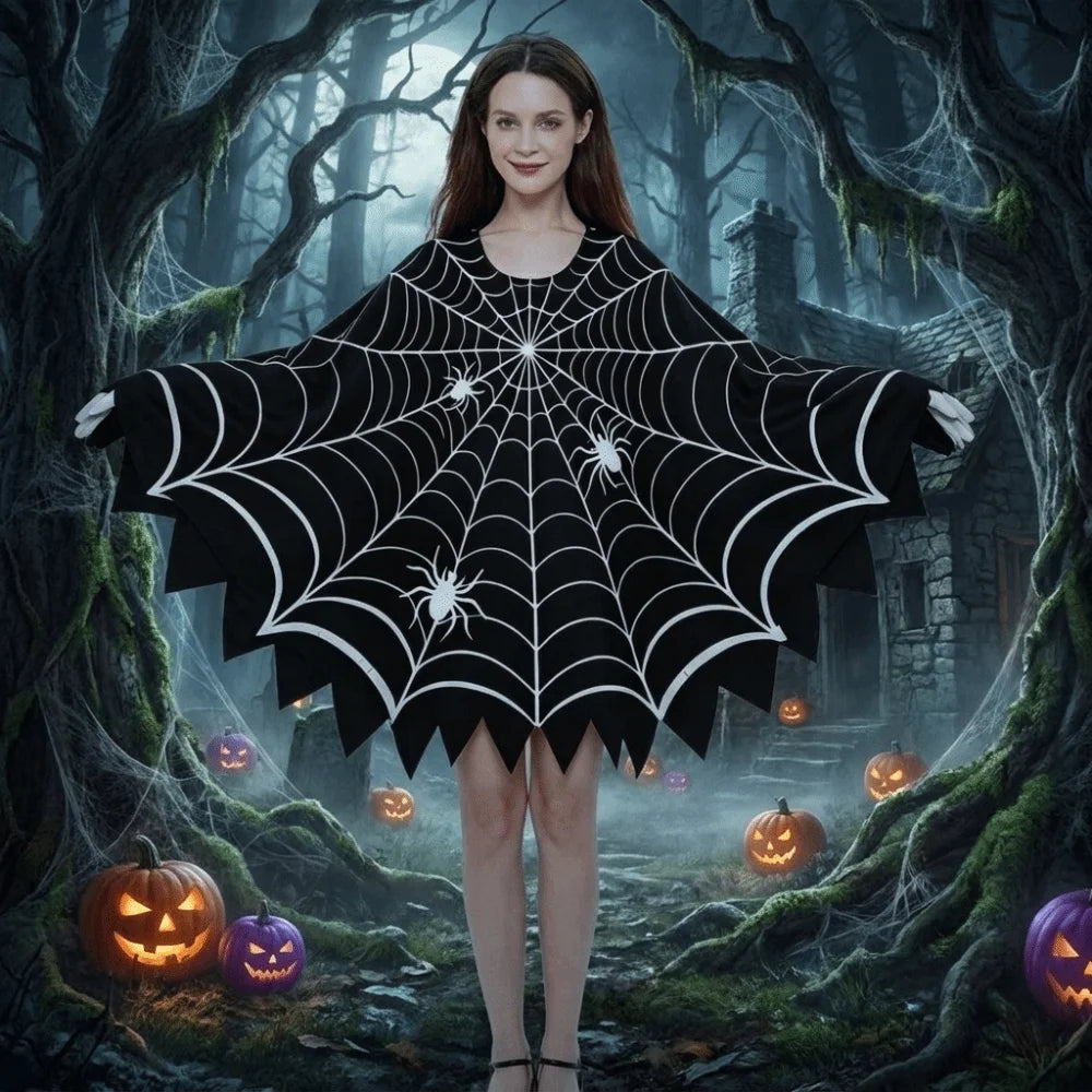 Cosplay Costume Scary Halloween Spider Web Cloak Creepy Black Shawl Poncho Cape Cosplay Party Costume Carnival Costume