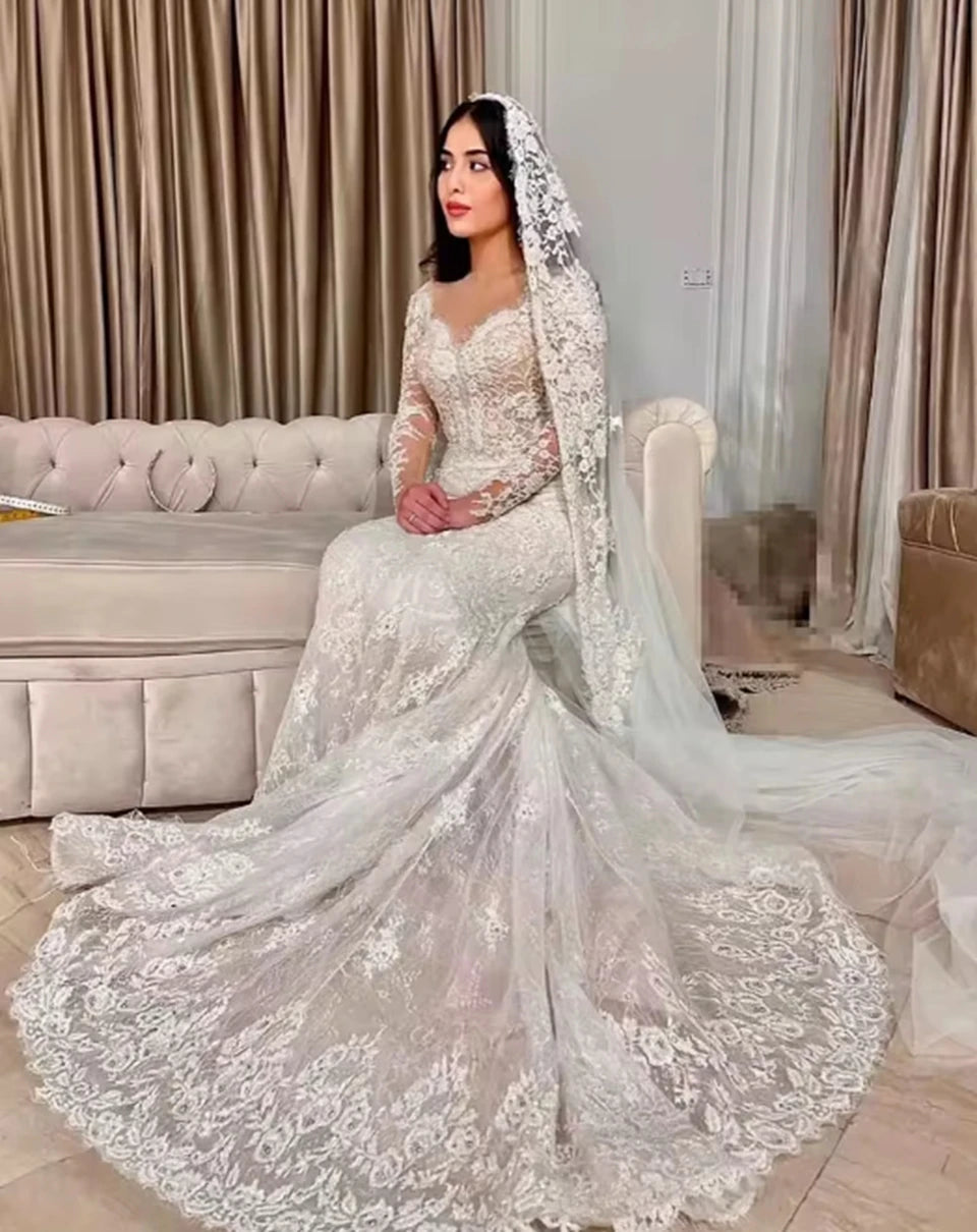 Mermaid Wedding Dresses Lace Appliques Full Sleeves